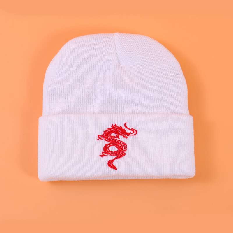 

Guys Dragon Embroidery Knit Hat, White