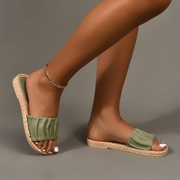 

Minimalist Ruched Strap Slides, Green