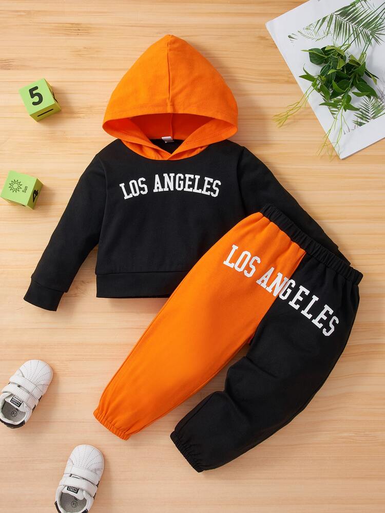 Baby Colorblock Letter Graphic Hoodie With Sweatpants - Multicolor - View 1