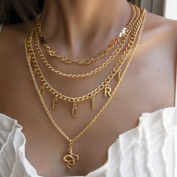 

4pcs Letter Charm Necklace, Gold