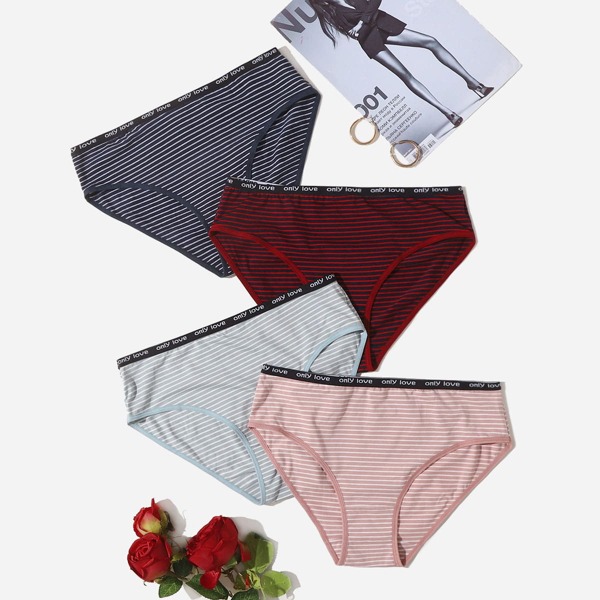 

4pack Plus Striped Letter Tape Panty Set, Multicolor