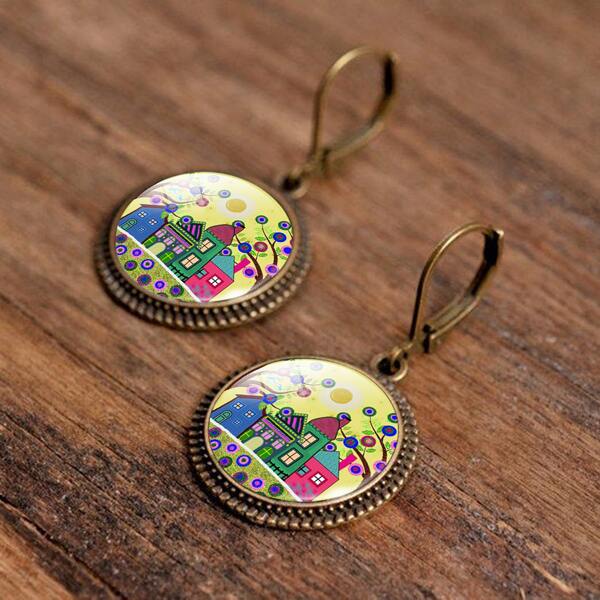 

Graphic Round Drop Earrings, Bronze