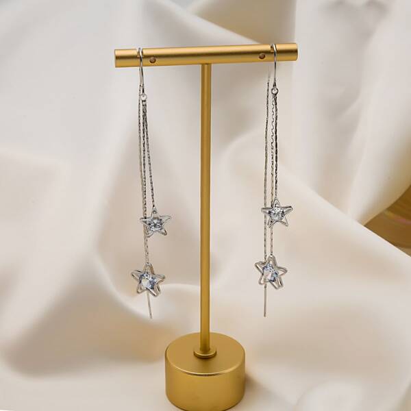 

Zircon Decor Star Drop Earrings, Silver