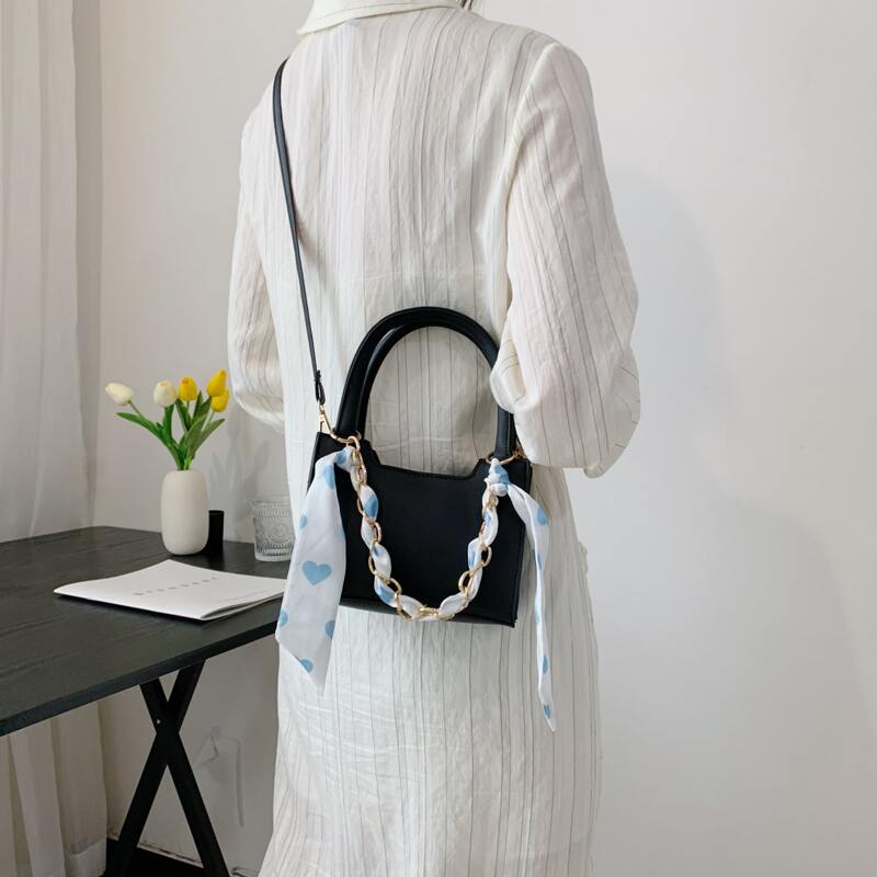 

Scarf Decor Chain Satchel Bag, Black