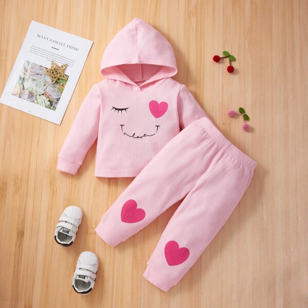 

Baby Figure Graphic Hoodie & Heart Print Sweatpants, Baby pink