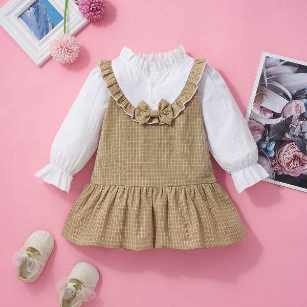 

Baby Contrast Plaid Ruffle Bow Smock Dress, Khaki