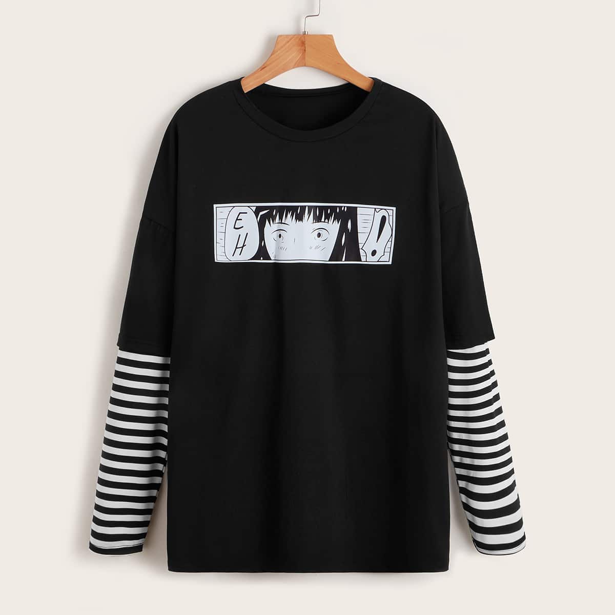 

Striped & Graphic Print 2 In 1 Tee, Black