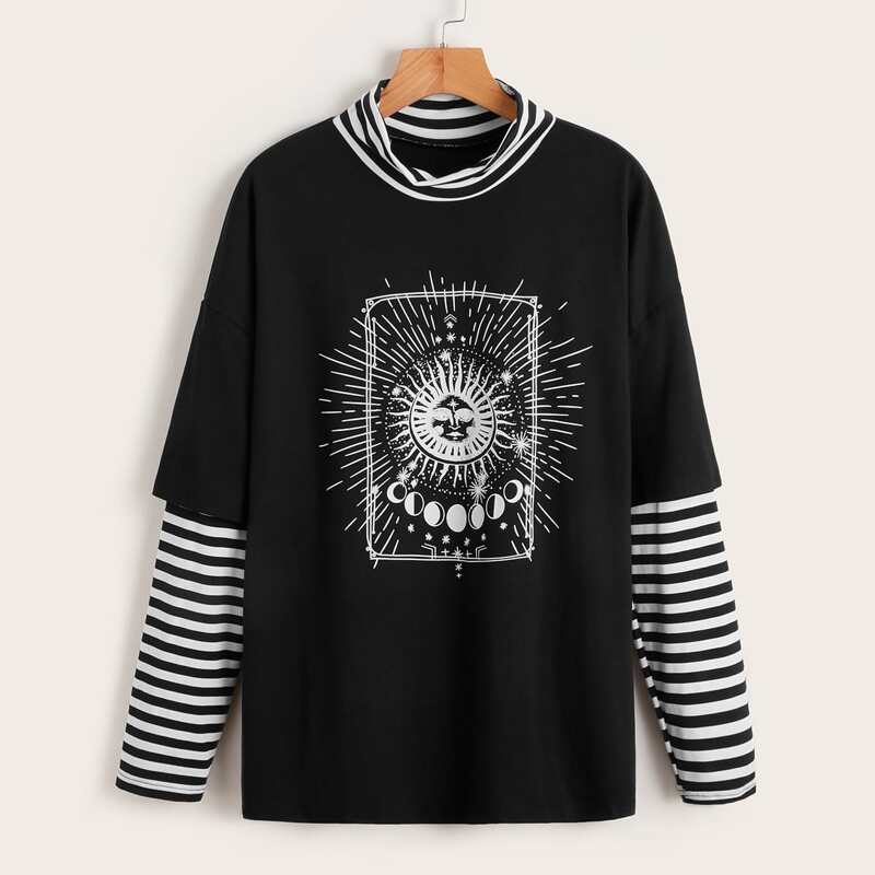

Striped & Graphic Print 2 In 1 Tee, Black