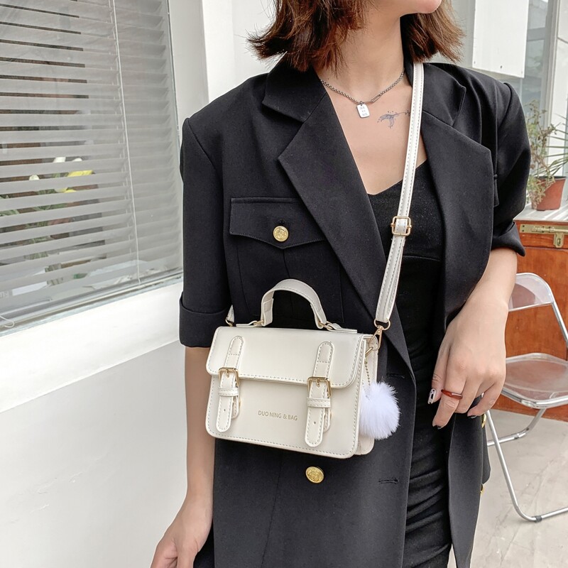 

Buckle Decor Flap Satchel Bag, White