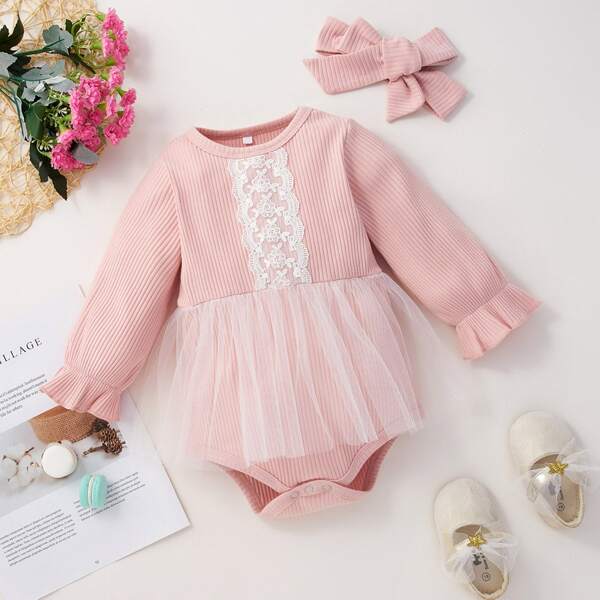 

Baby Contrast Lace And Mesh Bodysuit With Headband, Baby pink