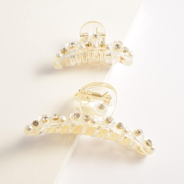 

2pcs Faux Pearl & Rhinestone Decor Hair Claw, White
