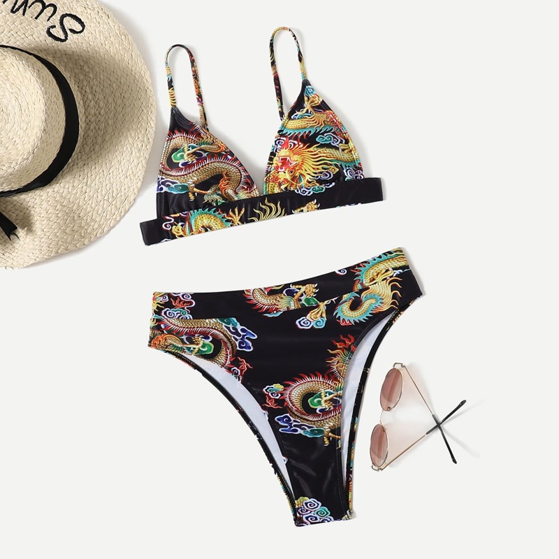 

Chinese Dragon Print High Waisted Bikini Swimsuit, Multicolor
