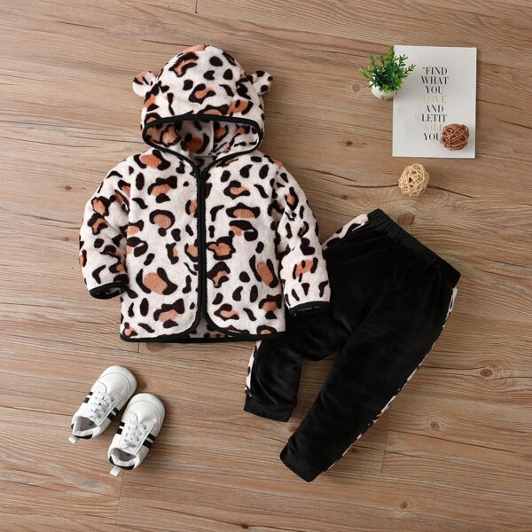 

Baby Leopard 3D Ears Design Teddy Jacket & Pants, Multicolor