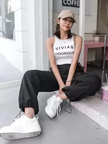 DAZY Flap Pocket Drawstring Hem Cargo Trousers - Black - View 6