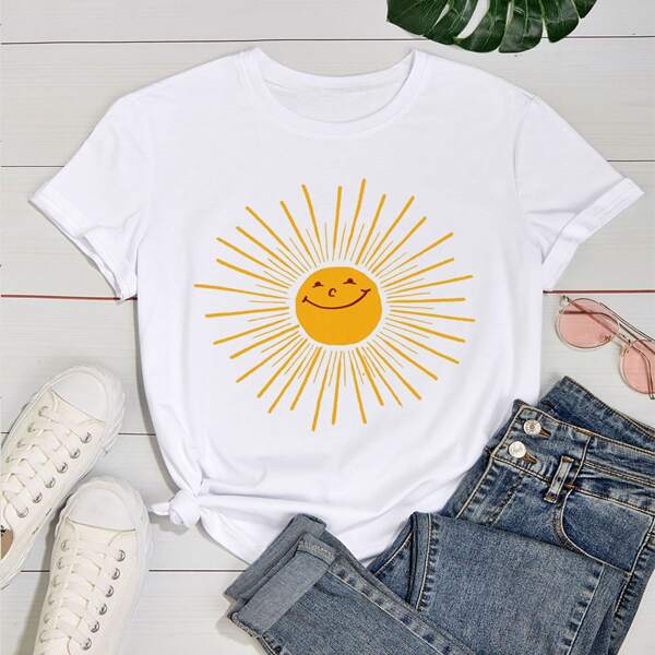 

Plus Cartoon Sun Print Tee, White