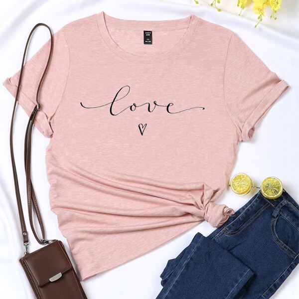 

Plus Letter And Heart Print Tee, Baby pink