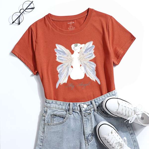 

Angel And Slogan Graphic Tee, Burnt orange