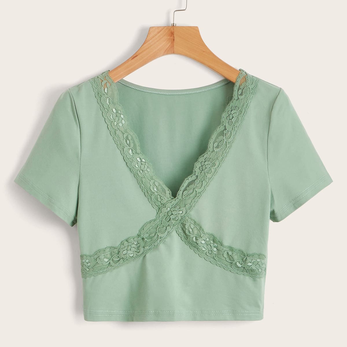 

Lace Insert Crop Tee, Mint green