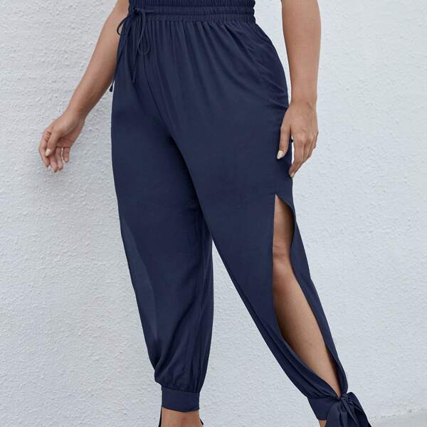

Plus Split Thigh Knot Hem Pants, Royal blue