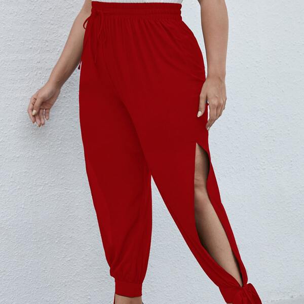 

Plus Split Thigh Knot Hem Pants, Red