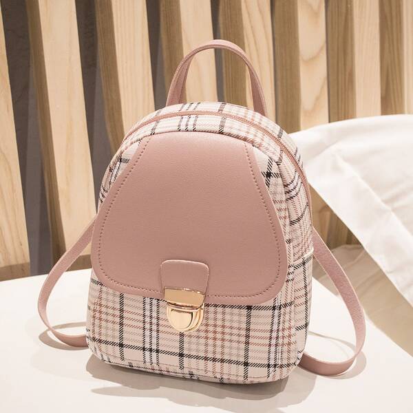 

Minimalist Plaid Flap Pocket Front Backpack, Pink