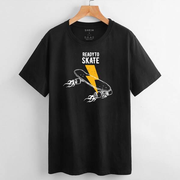 

Slogan & Skateboard Print T-Shirt, Black