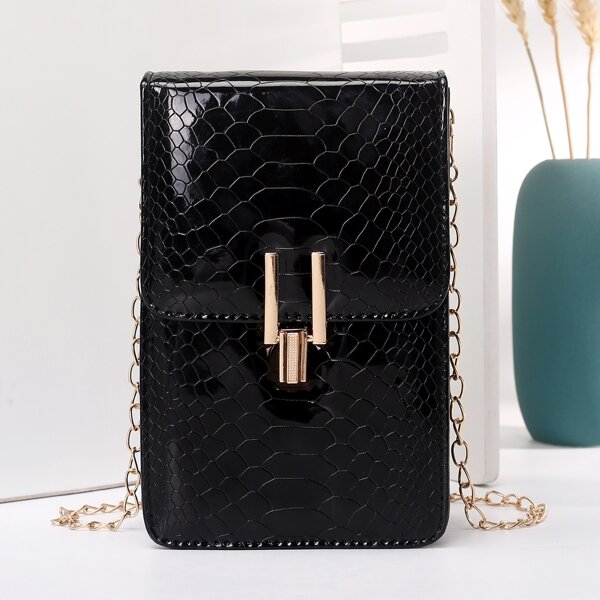 

Snakeskin Pattern Chain Crossbody Bag, Black