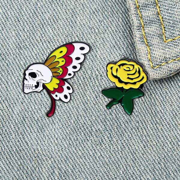 

2pcs Kids Skull & Flower Design Brooch, Multicolor