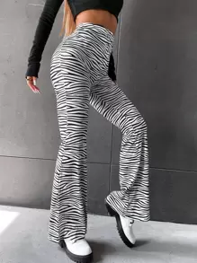High Waist Zebra Striped Flare Leg Trousers - Black and White - View 1