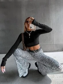 High Waist Zebra Striped Flare Leg Trousers - Black and White - View 6