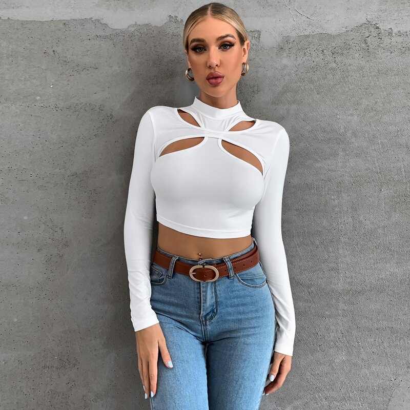

Cut Out Front Mock Neck Crop Tee, White
