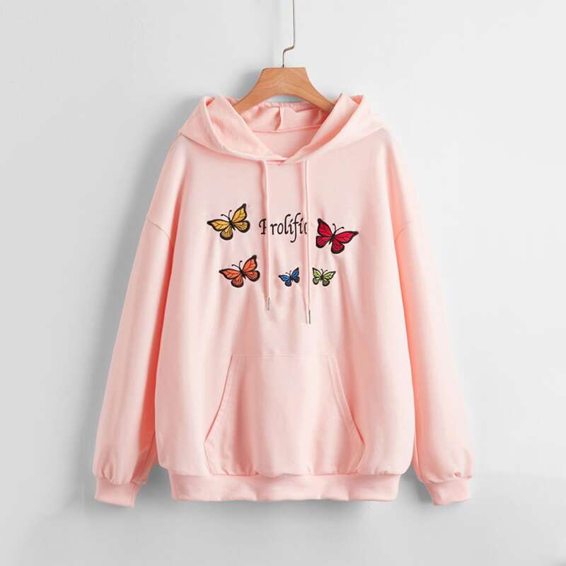 

Letter Butterfly Embroidery Drawstring Hoodie, Baby pink