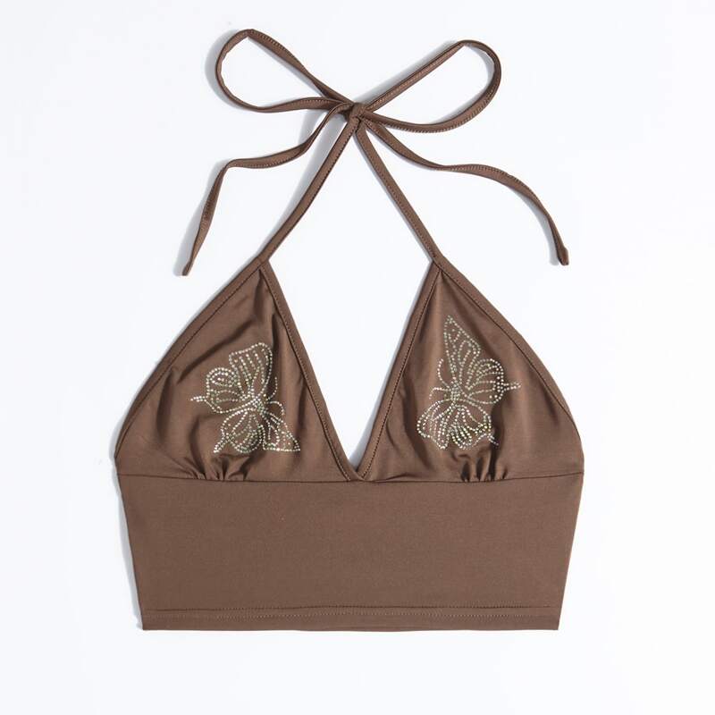 

Butterfly Rhinestone Crop Halter Top, Coffee brown
