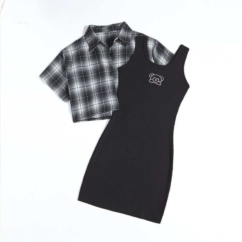 

Plaid Button Front Blouse & Cartoon Bear Embroidery Ribbed Dress, Black and white