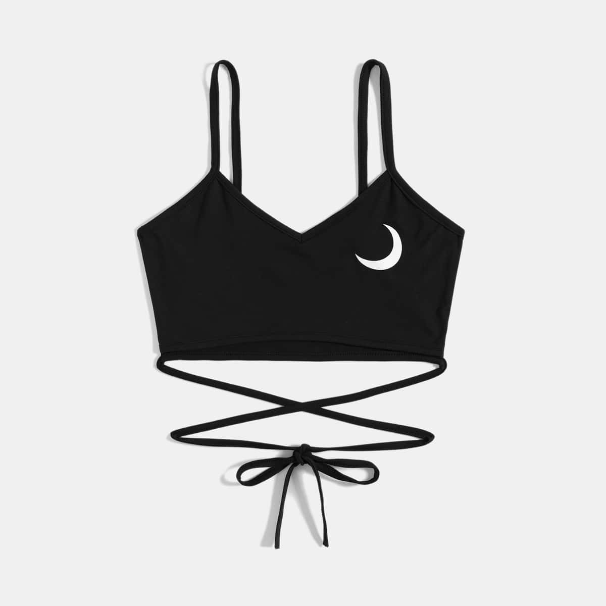 

Moon Graphic Criss Cross Crop Cami Top, Black