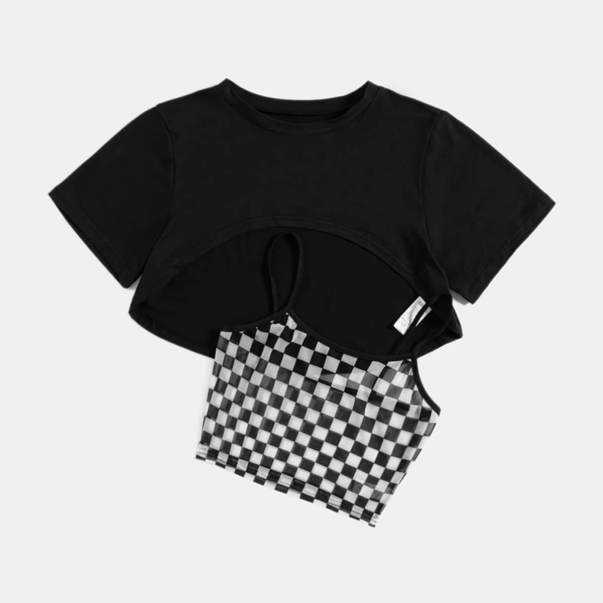 

Super Crop Top & Plaid Print Cami Top, Black and white