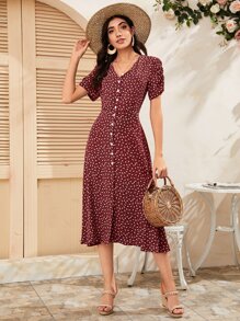 Seusyu Burgundy Red Ditsy Floral Button Through V Neck Dress - Burgundy - View 3
