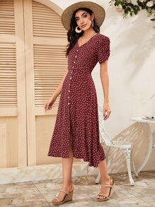 Seusyu Burgundy Red Ditsy Floral Button Through V Neck Dress - Burgundy - View 4