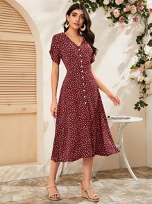 Seusyu Burgundy Red Ditsy Floral Button Through V Neck Dress - Burgundy - View 5