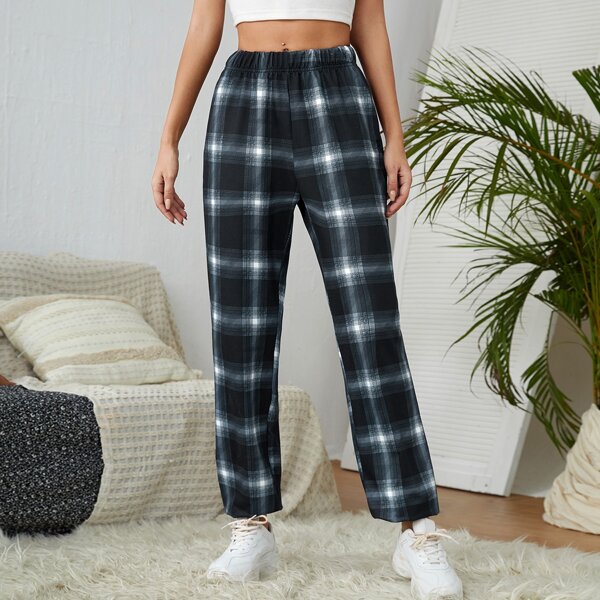 

Elastic Waist Tartan Slant Pocket Sweatpants, Black and white