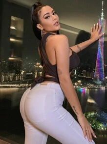 SHEIN SXY 素色交叉背心上衣 - 棕色 - 查看 2