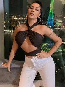 SHEIN SXY 素色交叉背心上衣 - 棕色 - 查看 3