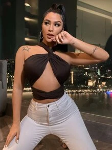 SHEIN SXY 素色交叉背心上衣 - 棕色 - 查看 4