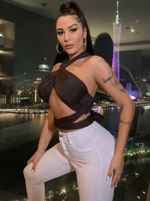 SHEIN SXY 素色交叉背心上衣 - 棕色 - 查看 5