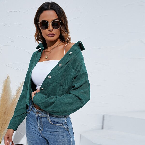 

Corduroy Pocket Front Drop Shoulder Jacket, Dark green