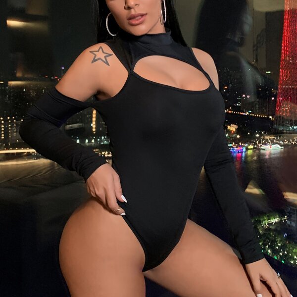 

Solid Cut Out Skinny Bodysuit, Black