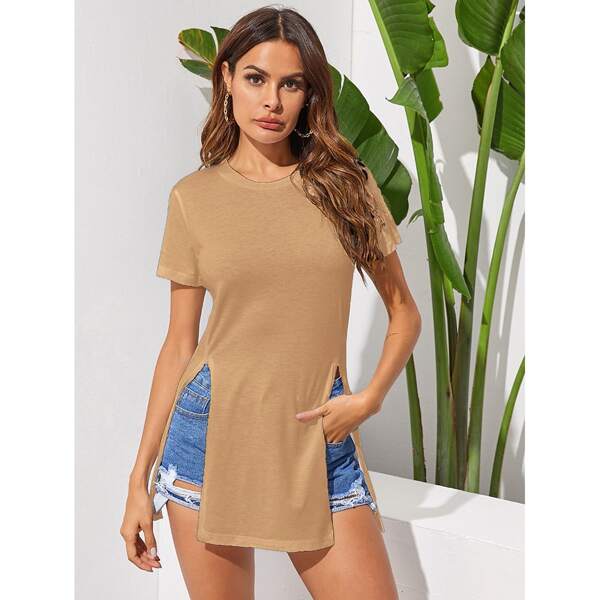 

Side Split Solid Longline Tee, Khaki
