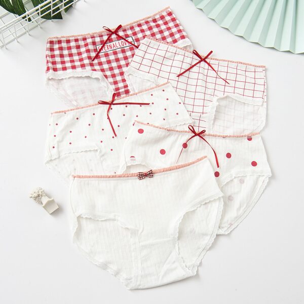 

Girls 5pcs Polka Dot & Gingham Print Bow Front Brief, Multicolor