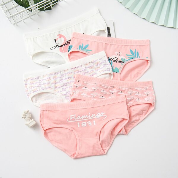 

Girls 5pcs Swan & Letter Graphic Brief, Multicolor