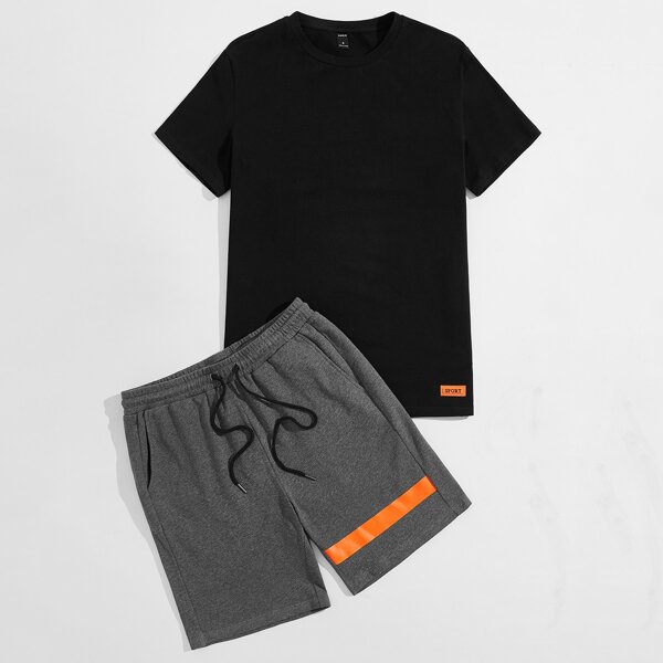 

Men Patched Detail Tee & Contrast Panel Drawstring Shorts, Multicolor